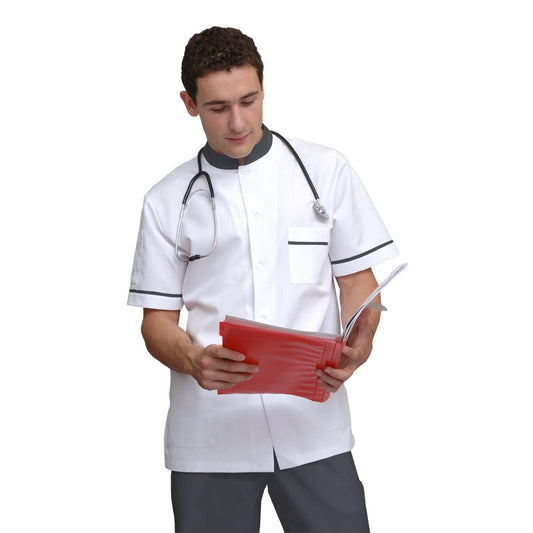 Мъжка бяла туника с гарнитура - цвят тъмно сив, модел MS213-31 – Медицински облекла Кали