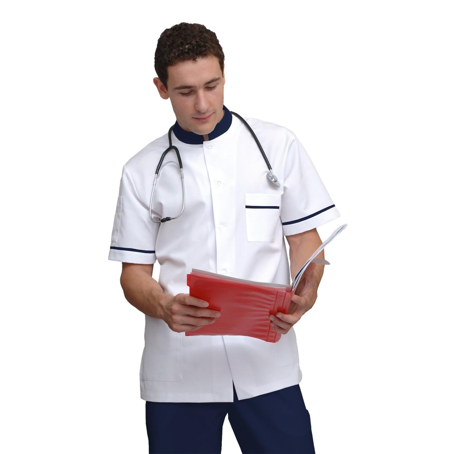 Мъжка бяла туника с гарнитура - цвят тъмносин, модел MS213-31 – Медицински облекла Кали