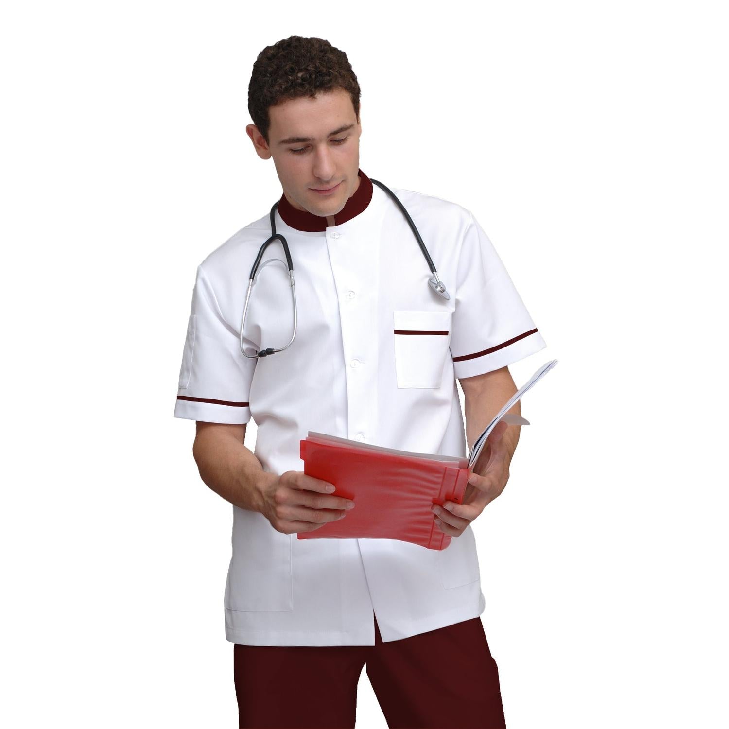 ПОРЪЧКА на мъжка бяла туника с гарнитура - цвят винен, модел MS213-31 – Медицински облекла Кали