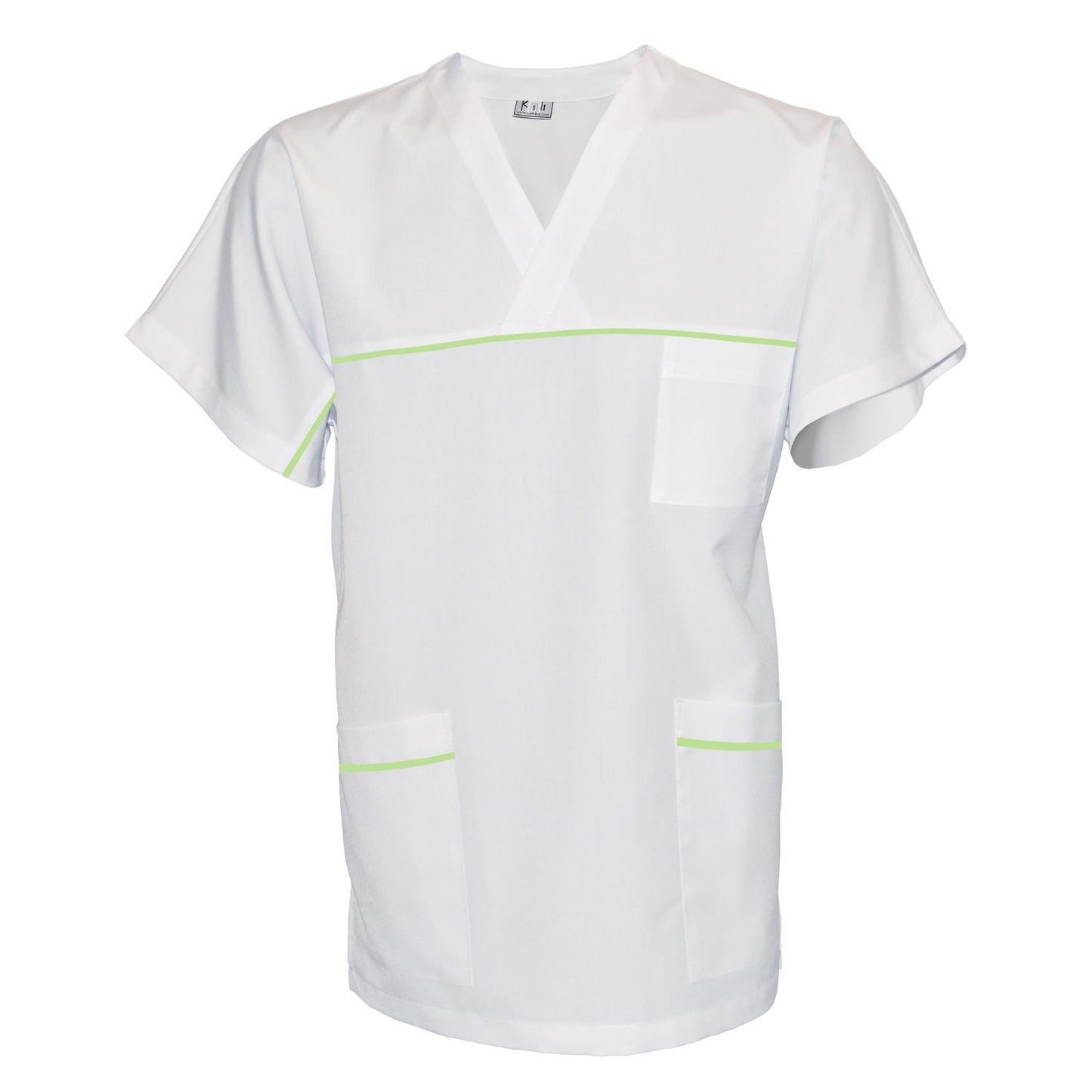 ПОРЪЧКА на унисекс бяла туника с гарнитура - цвят бледо зелен, модел UX – Медицински облекла Кали