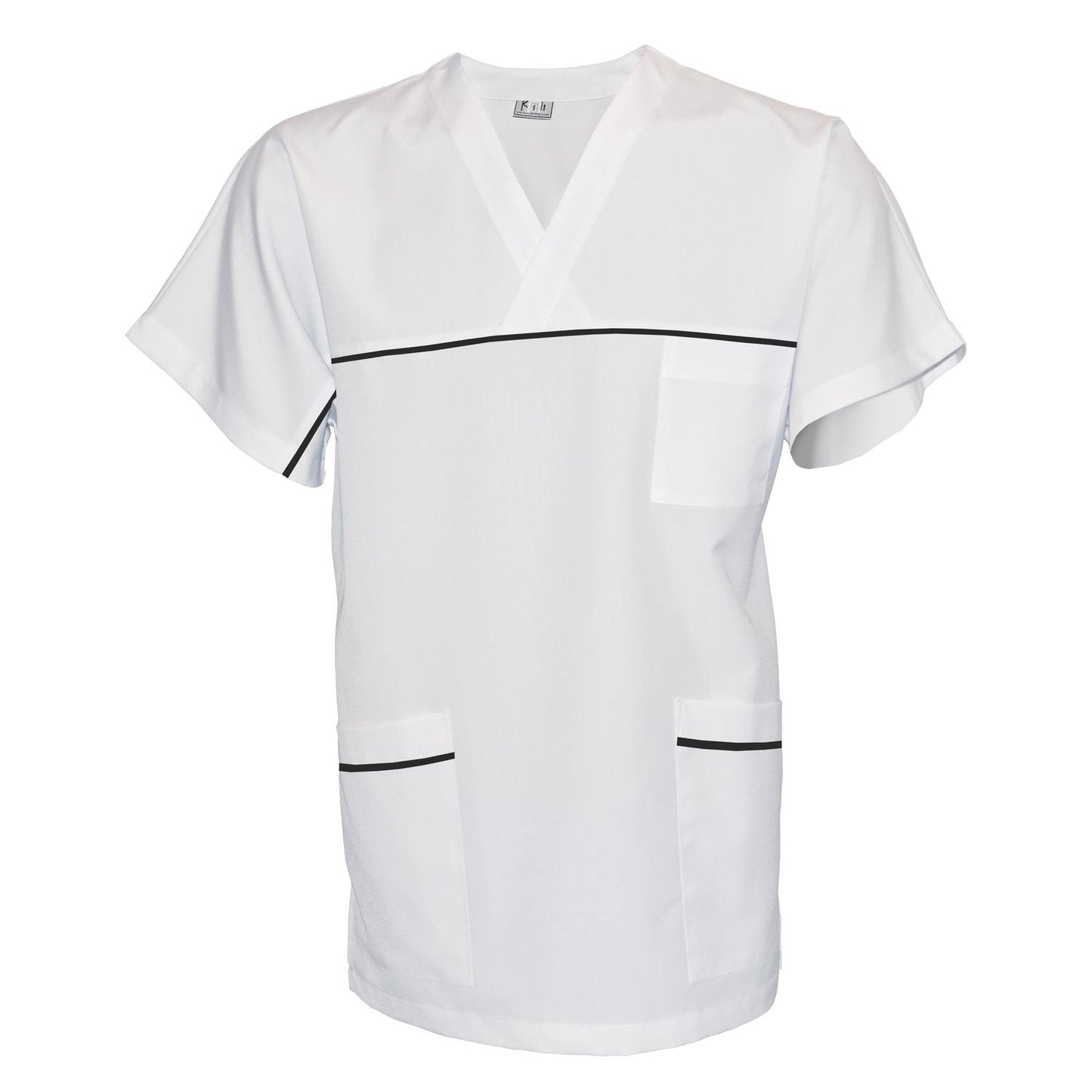 ПОРЪЧКА на унисекс бяла туника с гарнитура - цвят черен, модел UX – Медицински облекла Кали