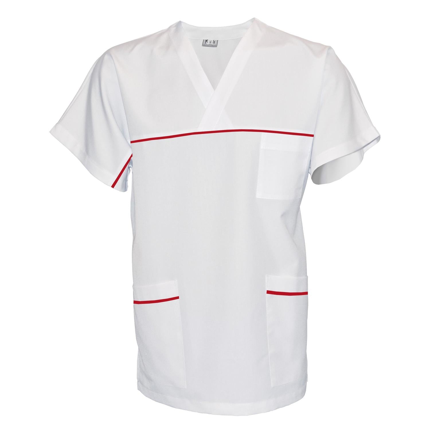 ПОРЪЧКА на унисекс бяла туника с гарнитура - цвят червен, модел UX – Медицински облекла Кали