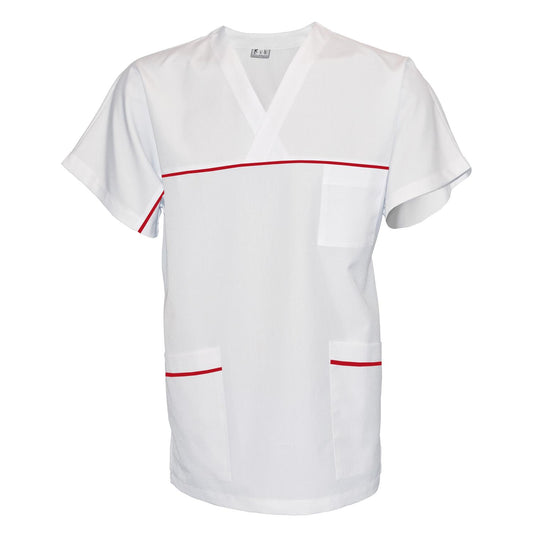 ПОРЪЧКА на унисекс бяла туника с гарнитура - цвят червен, модел UX – Медицински облекла Кали
