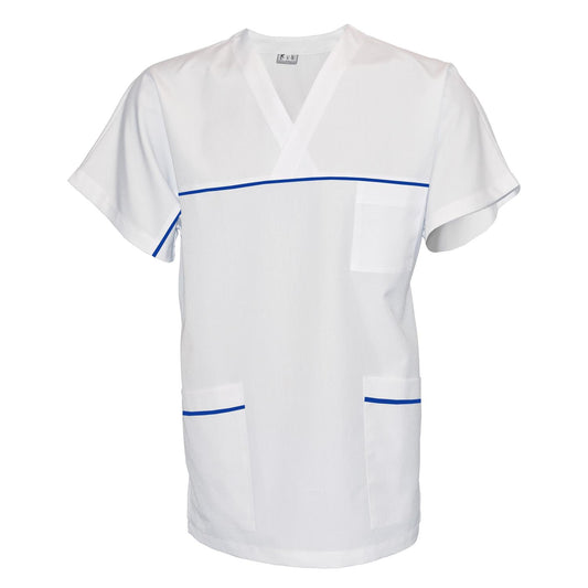 ПОРЪЧКА на унисекс бяла туника с гарнитура - цвят кралско син, модел UX – Медицински облекла Кали