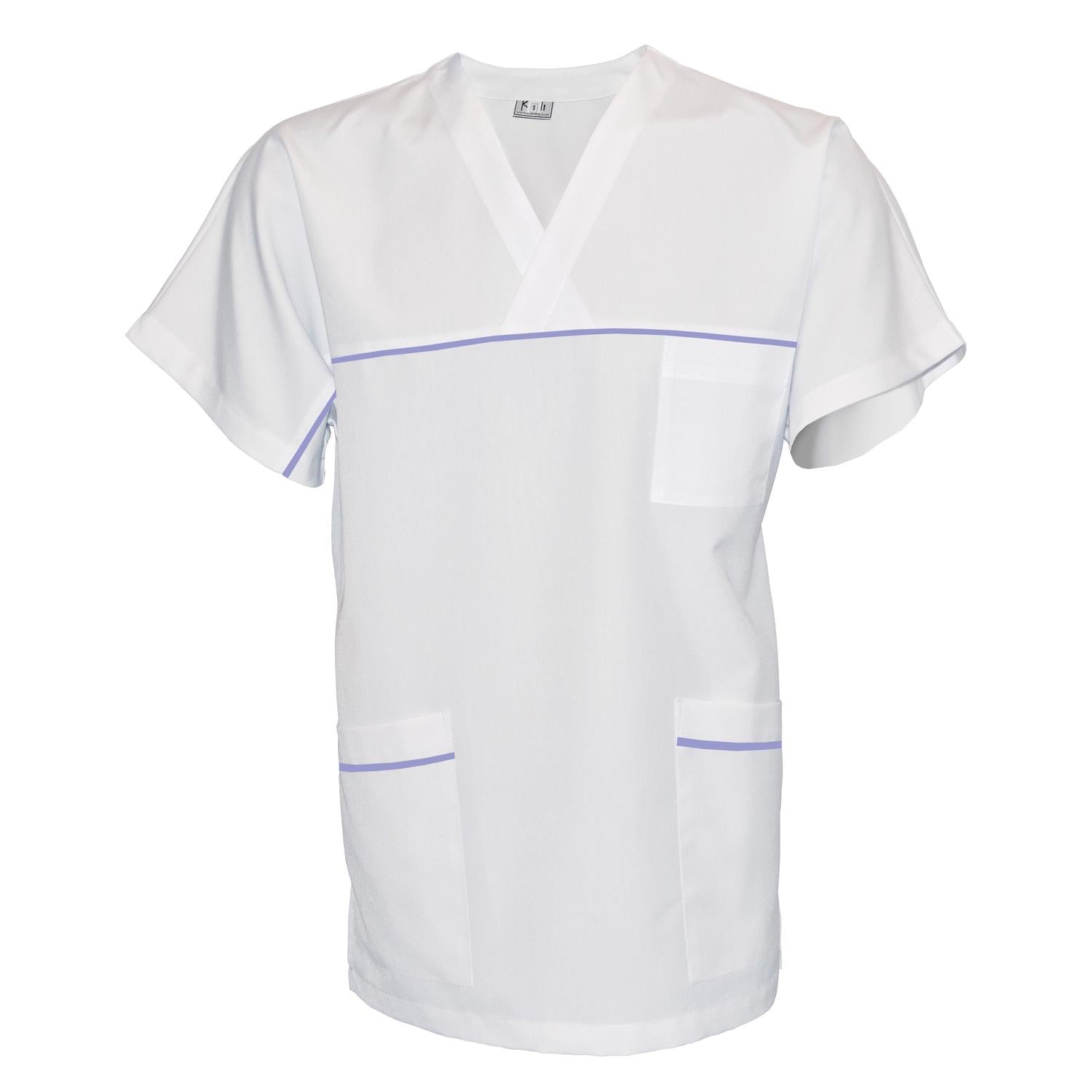 ПОРЪЧКА на унисекс бяла туника с гарнитура - цвят лилав, модел UX – Медицински облекла Кали