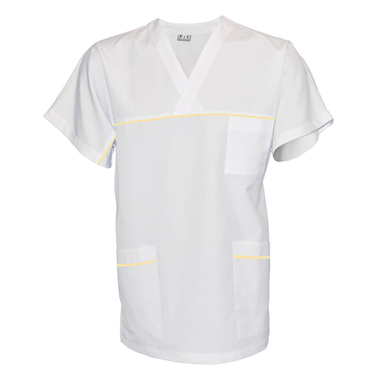 ПОРЪЧКА на унисекс бяла туника с гарнитура - цвят лимонов, модел UX – Медицински облекла Кали