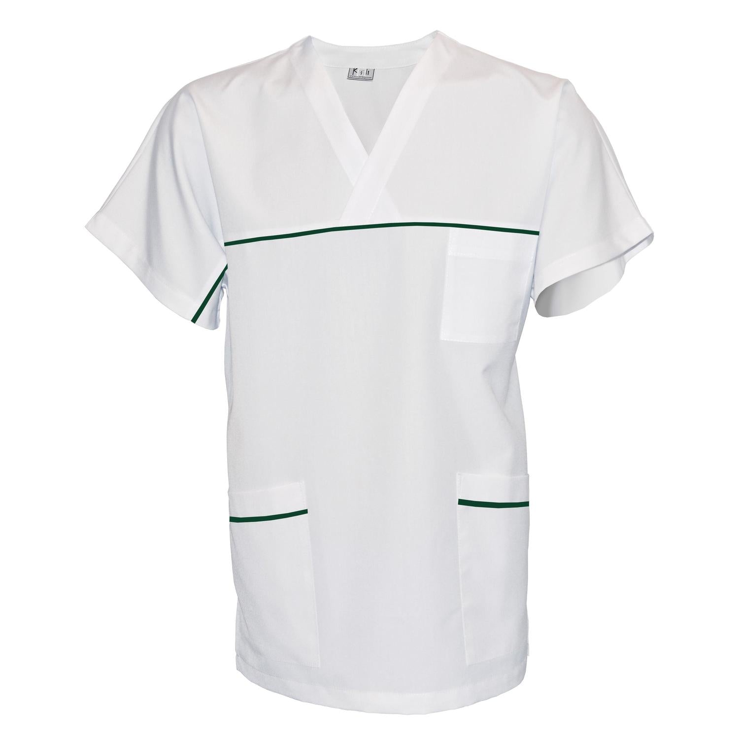 ПОРЪЧКА на унисекс бяла туника с гарнитура - цвят маслено зелен, модел UX – Медицински облекла Кали