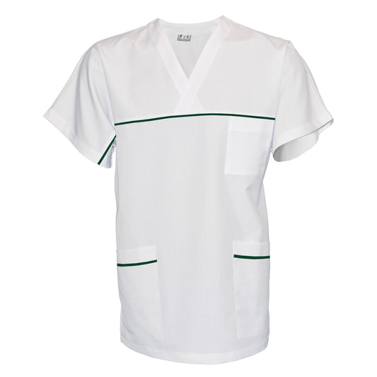 ПОРЪЧКА на унисекс бяла туника с гарнитура - цвят маслено зелен, модел UX – Медицински облекла Кали