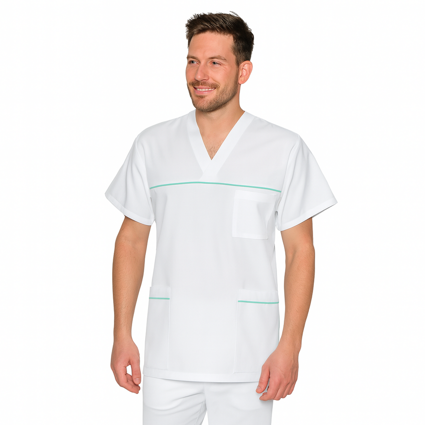 ПОРЪЧКА на унисекс бяла туника с гарнитура - цвят мента, модел UX – Медицински облекла Кали