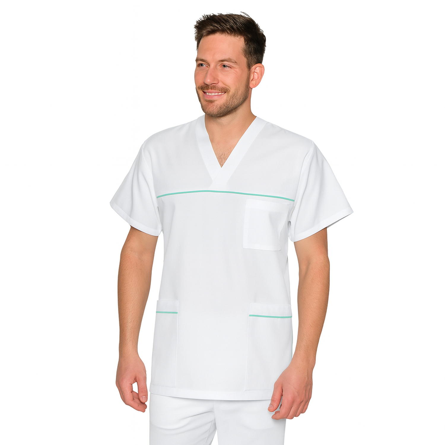 ПОРЪЧКА на унисекс бяла туника с гарнитура - цвят мента, модел UX – Медицински облекла Кали