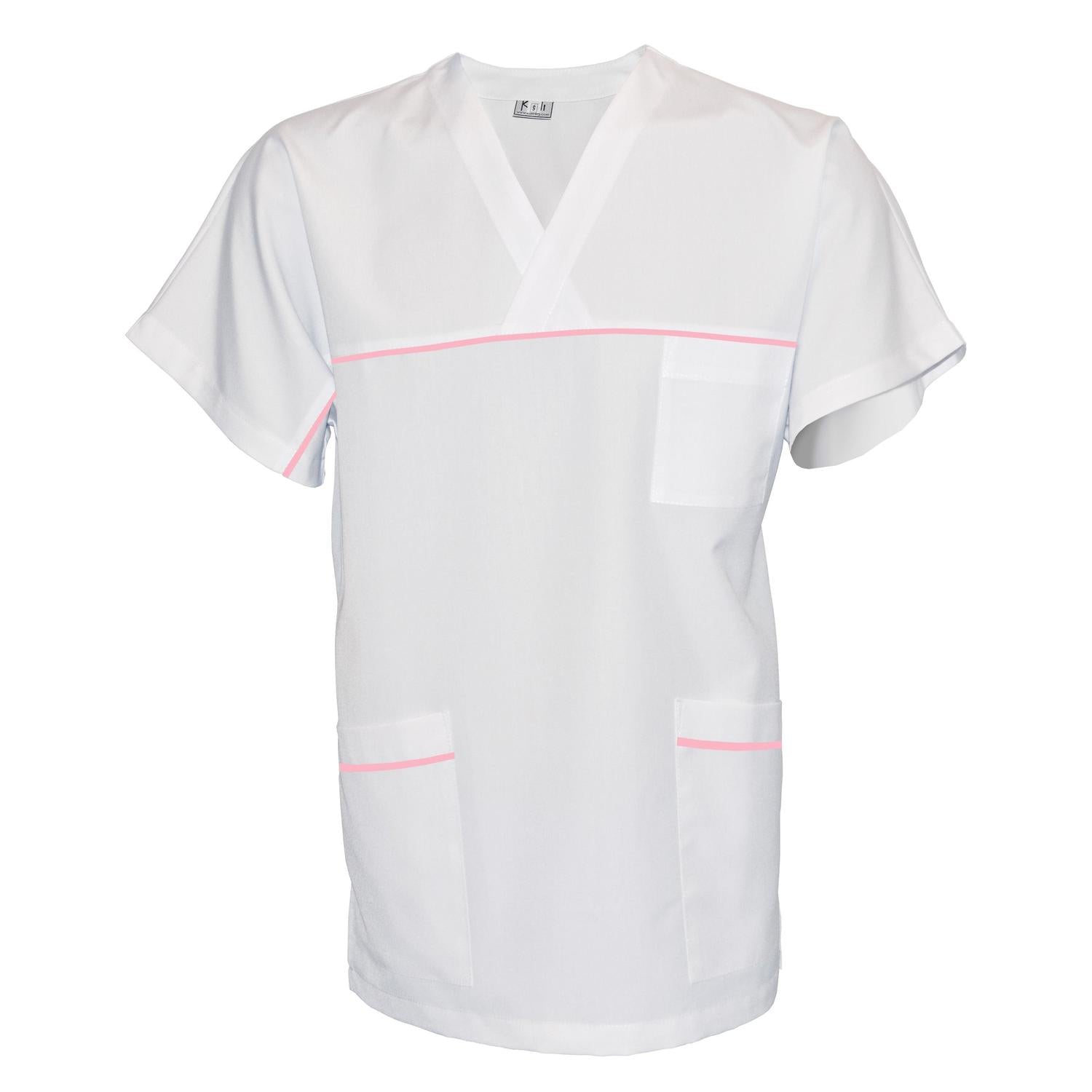 ПОРЪЧКА на унисекс бяла туника с гарнитура - цвят розов, модел UX – Медицински облекла Кали