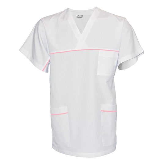 ПОРЪЧКА на унисекс бяла туника с гарнитура - цвят розов, модел UX – Медицински облекла Кали