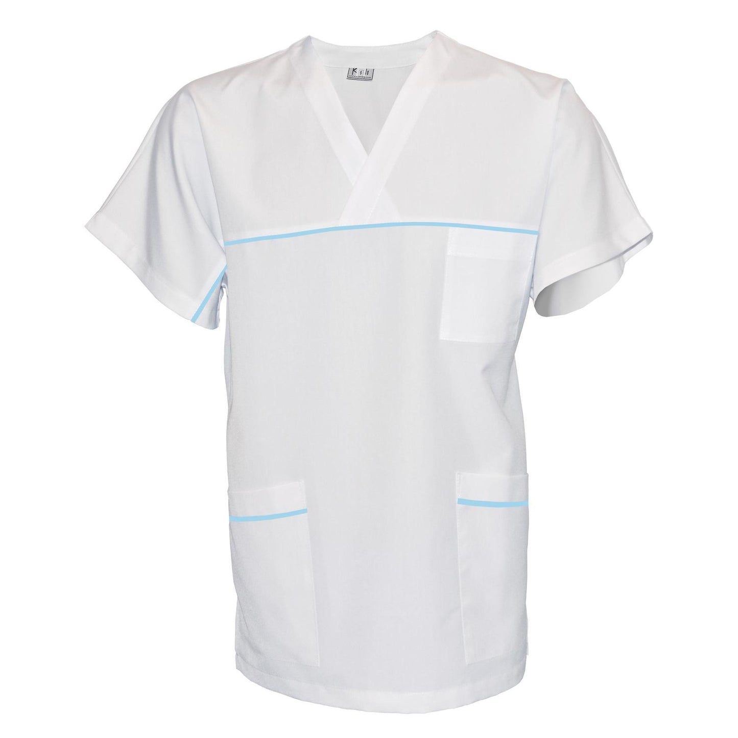 ПОРЪЧКА на унисекс бяла туника с гарнитура - цвят светло син, модел UX – Медицински облекла Кали