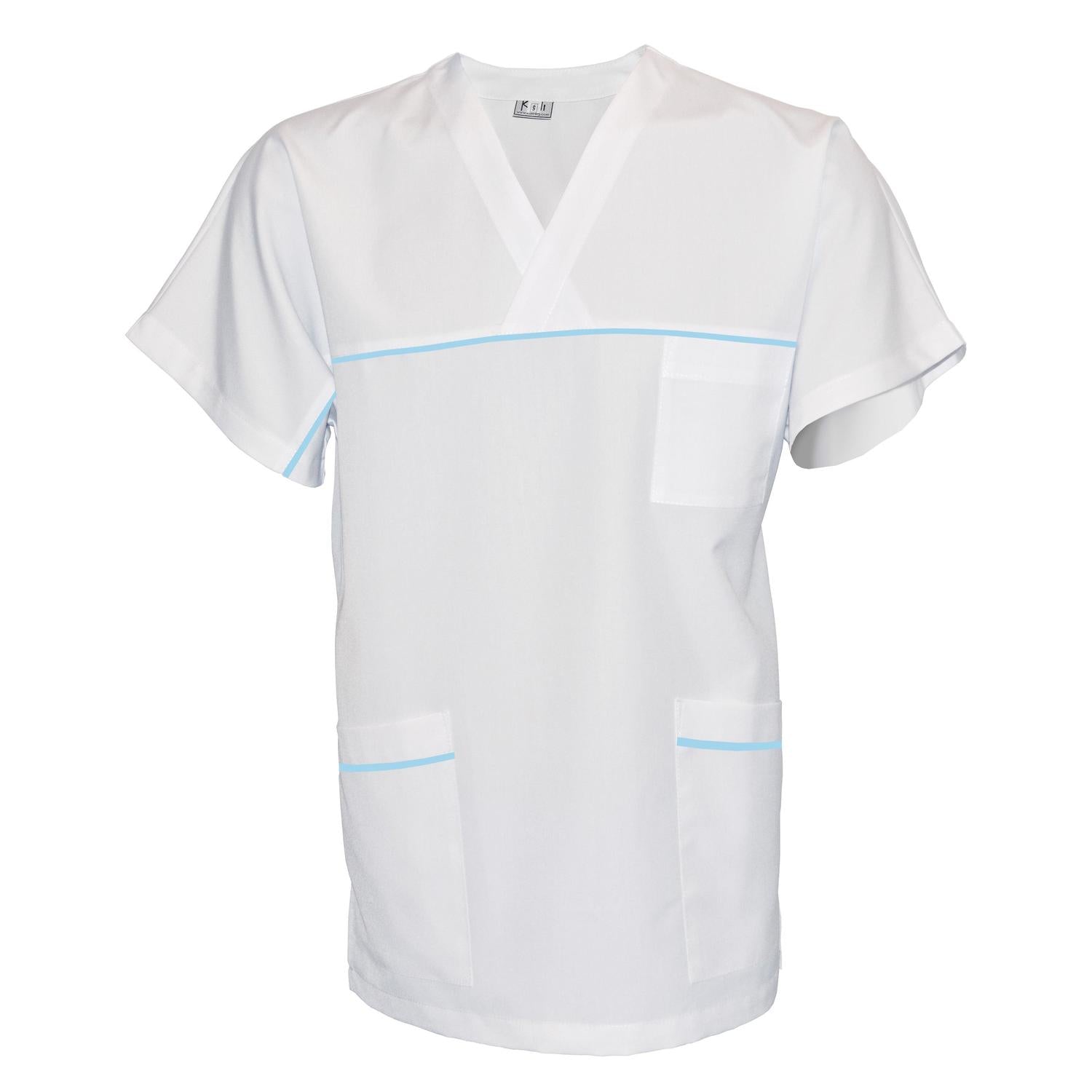 ПОРЪЧКА на унисекс бяла туника с гарнитура - цвят светло син, модел UX – Медицински облекла Кали