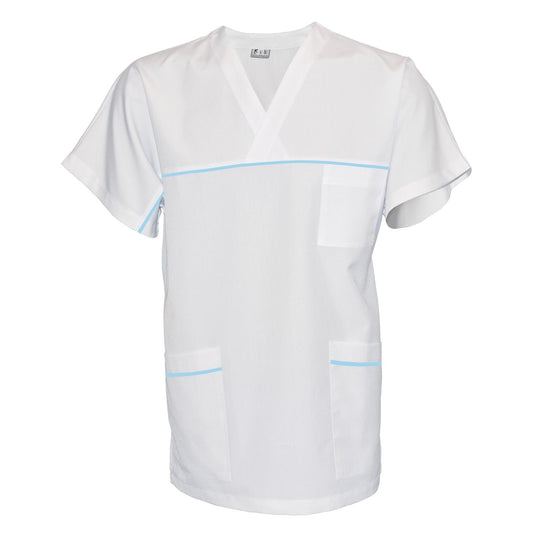 ПОРЪЧКА на унисекс бяла туника с гарнитура - цвят светло син, модел UX – Медицински облекла Кали