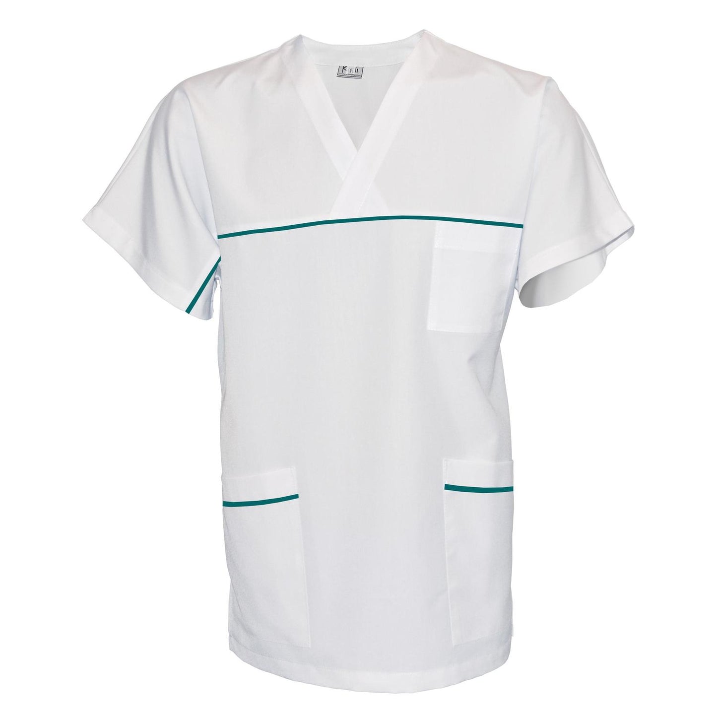 ПОРЪЧКА на унисекс бяла туника с гарнитура - цвят тъмно морско зелен, модел UX – Медицински облекла Кали