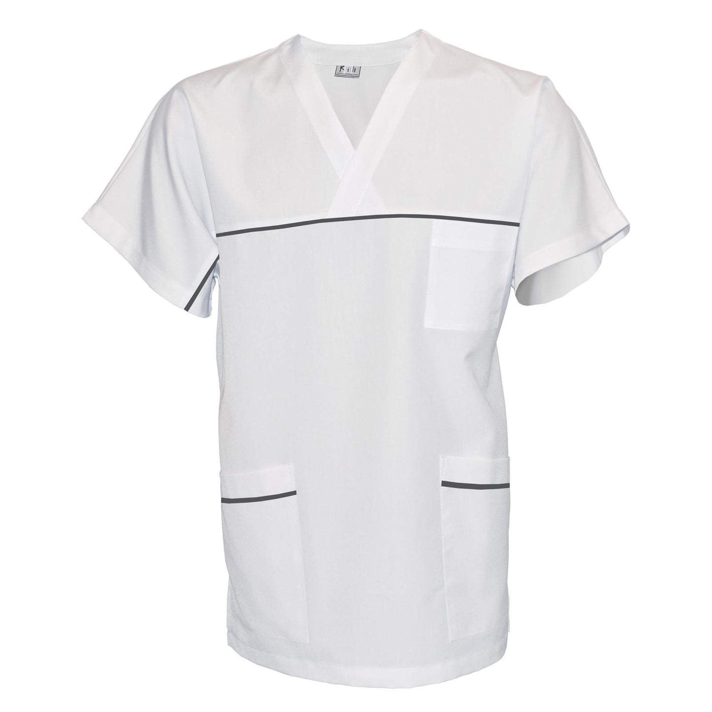 ПОРЪЧКА на унисекс бяла туника с гарнитура - цвят тъмно сив, модел UX – Медицински облекла Кали