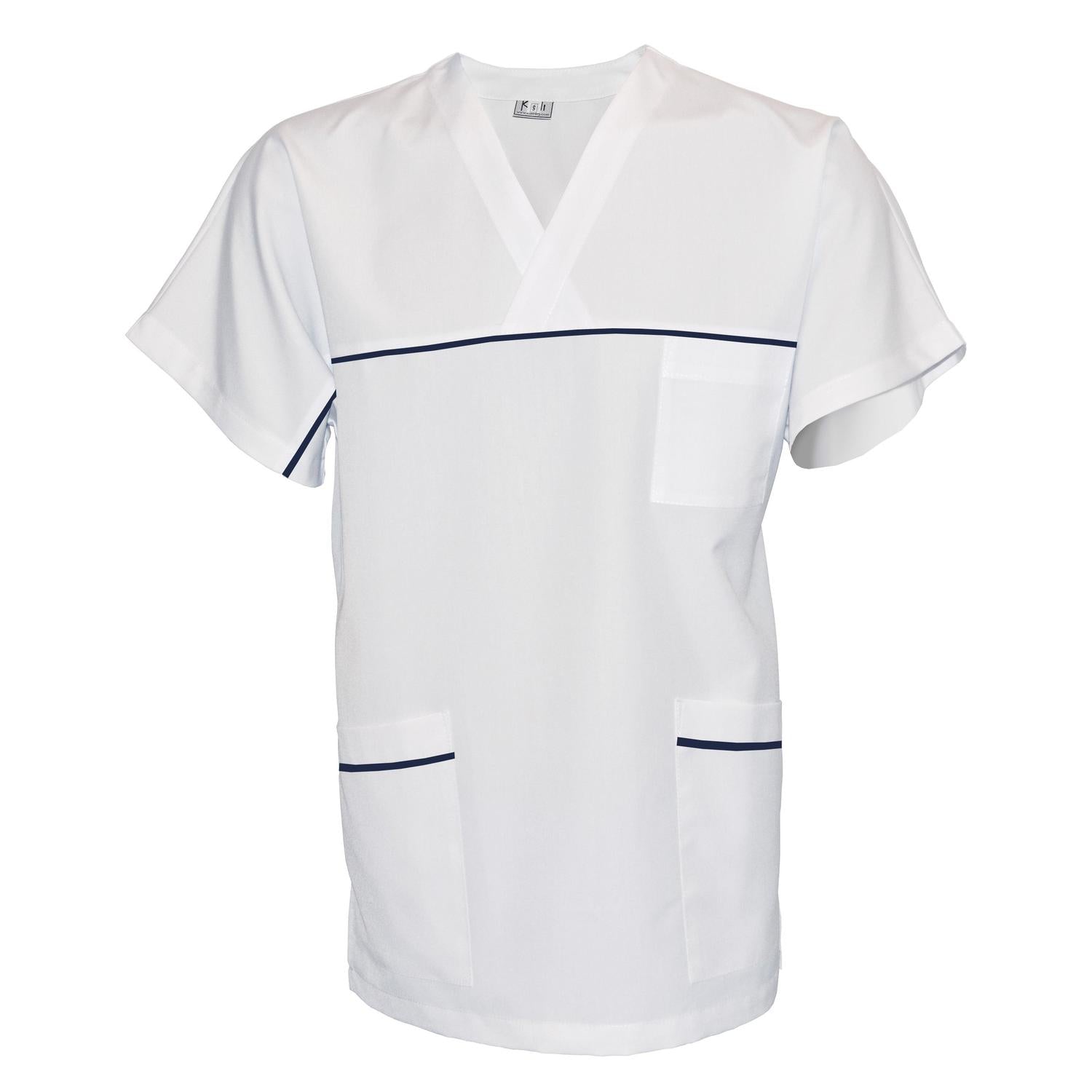 ПОРЪЧКА на унисекс бяла туника с гарнитура - цвят тъмносин, модел UX – Медицински облекла Кали