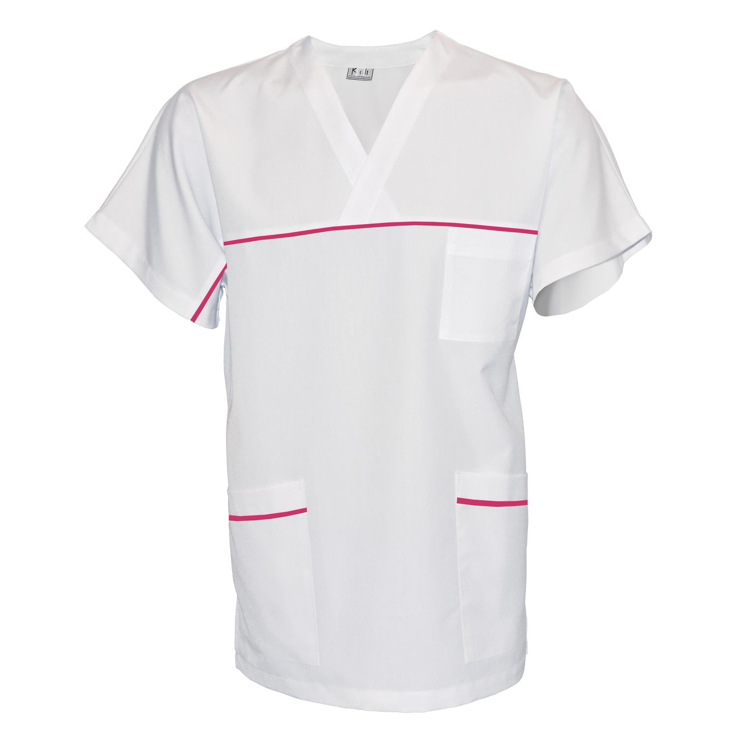 ПОРЪЧКА на унисекс бяла туника с гарнитура - цвят цикламен, модел UX – Медицински облекла Кали