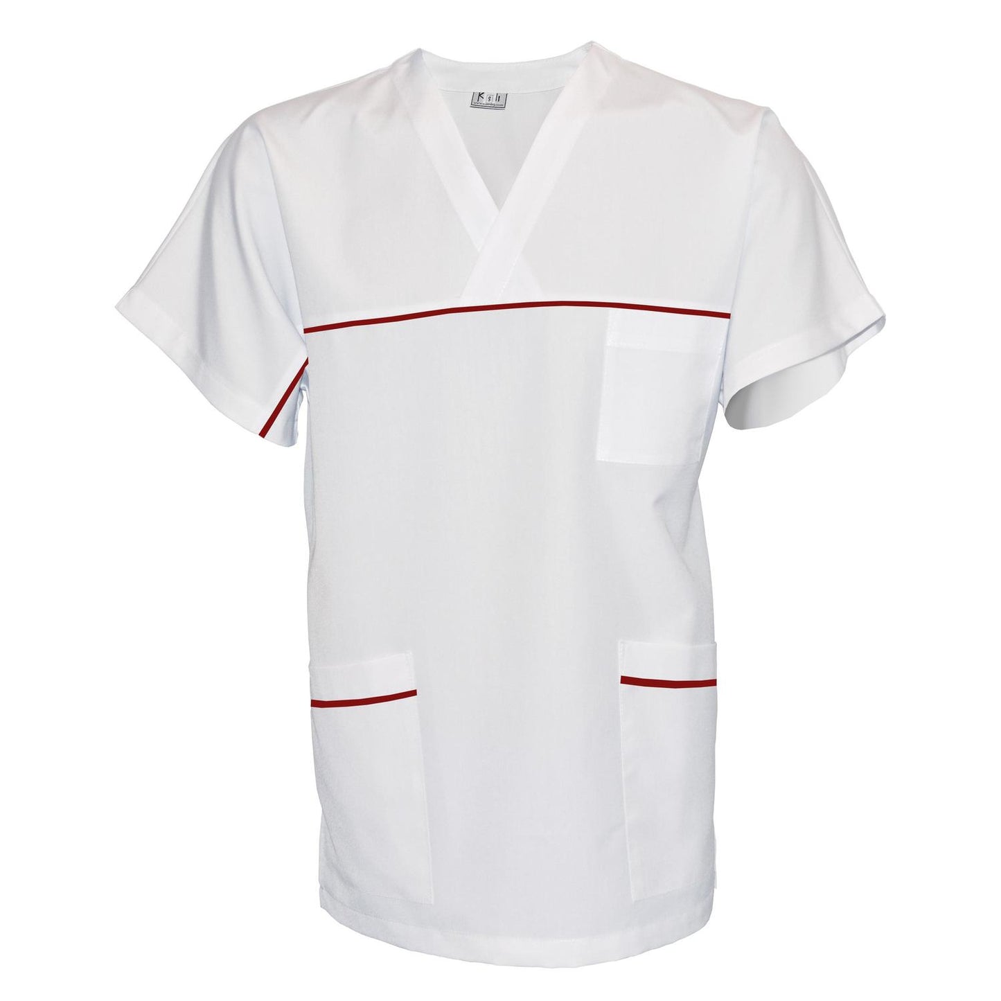 ПОРЪЧКА на унисекс бяла туника с гарнитура - цвят винен, модел UX – Медицински облекла Кали