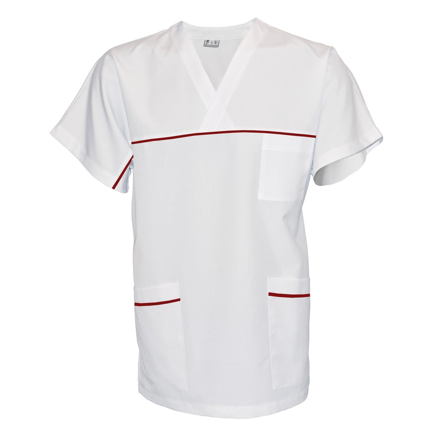 ПОРЪЧКА на унисекс бяла туника с гарнитура - цвят винен, модел UX – Медицински облекла Кали