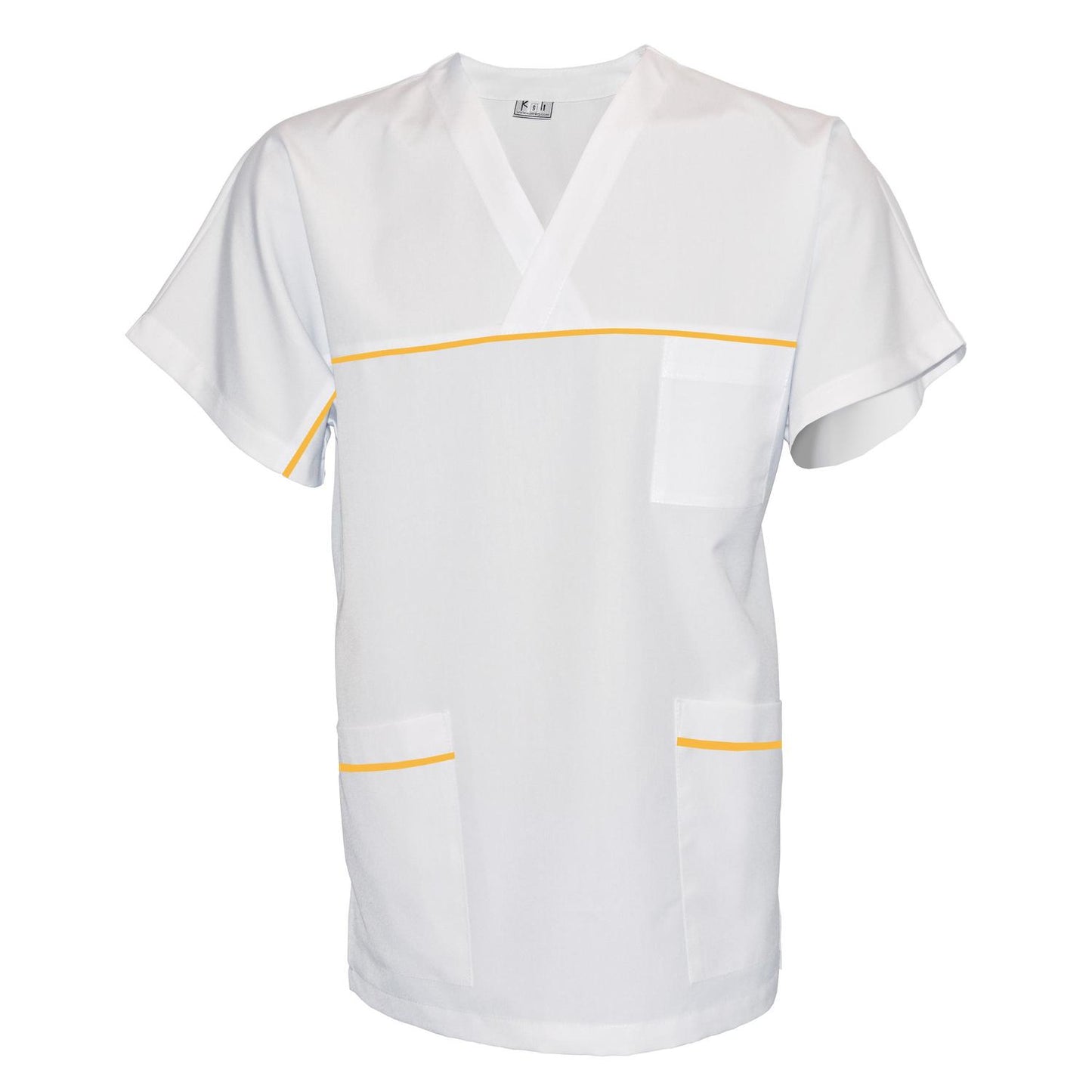 ПОРЪЧКА на унисекс бяла туника с гарнитура - цвят жълт, модел UX – Медицински облекла Кали