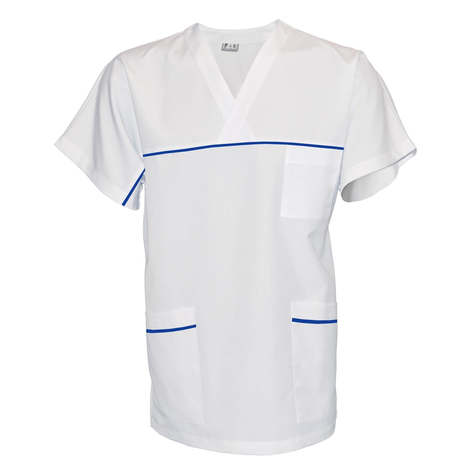 Унисекс бяла туника с гарнитура - цвят кралско син, модел UX – Медицински облекла Кали