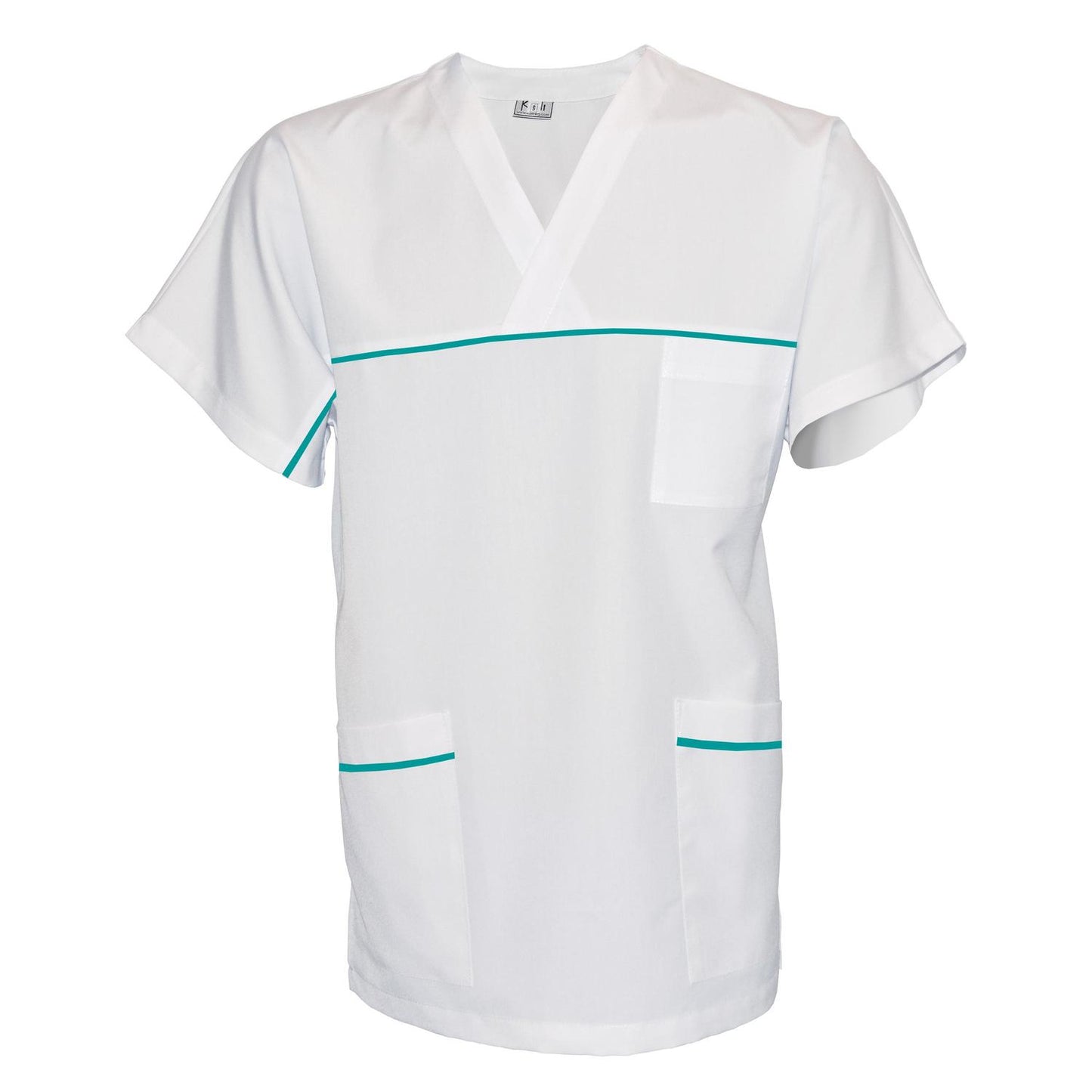 Унисекс бяла туника с гарнитура - цвят морско зелен, модел UX – Медицински облекла Кали