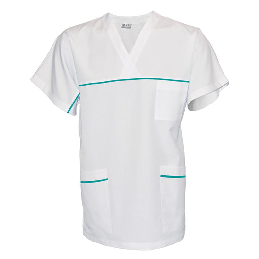 Унисекс бяла туника с гарнитура - цвят морско зелен, модел UX – Медицински облекла Кали