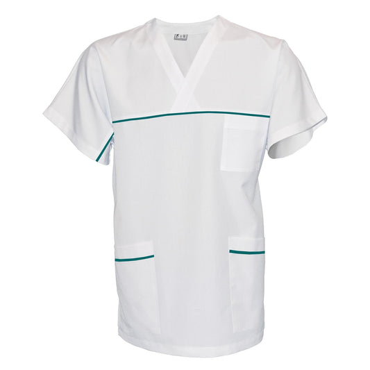 Унисекс бяла туника с гарнитура - цвят тъмно морско зелен, модел UX – Медицински облекла Кали